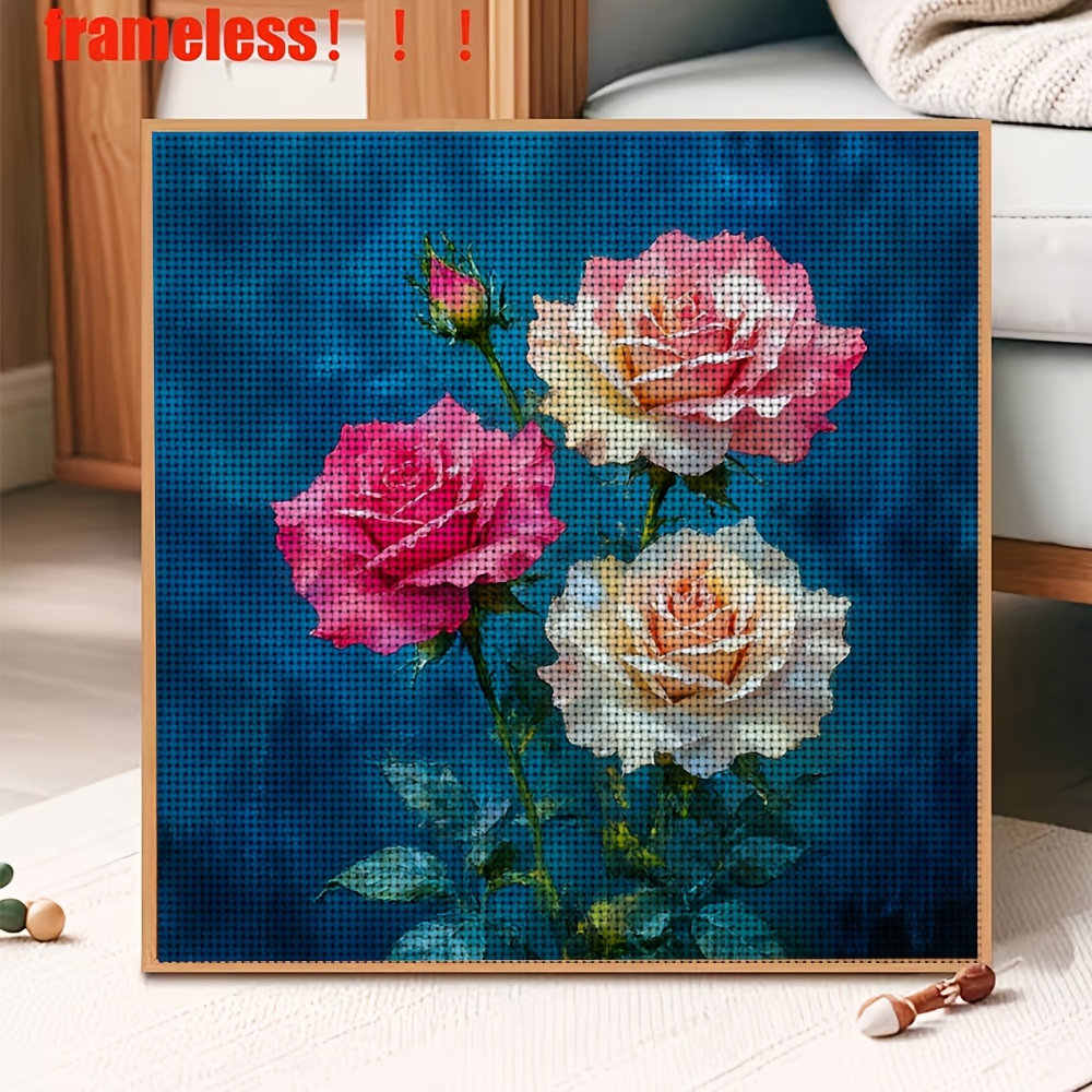 11CT Frameless Cross-Stitch Kit, Blue Background with Three Roses