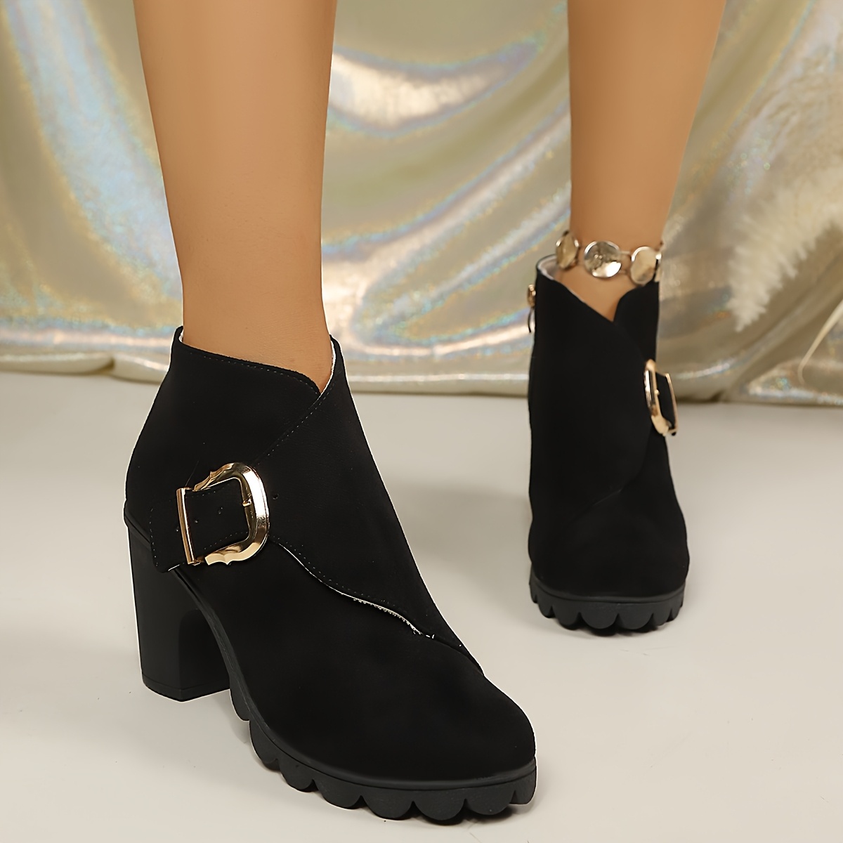 TEMU A Pair Of Black Autumn Winter New Thick Heel Short Boots For Women, Round Toe, Side Zipper, Thick Sole, High Heels And Ankle Boots, Women Shoes