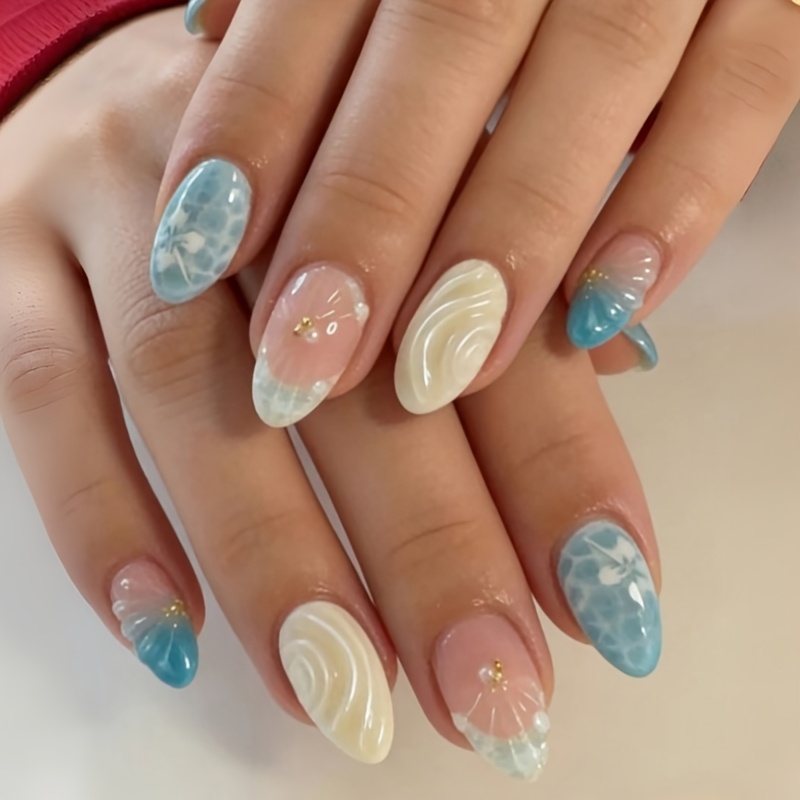 TEMU 24 uñas postizas cortas, tema Azul con concha, y diseño floral, estilo de playa, cubierta completa , reutilizables, uñas postizas, puntas de