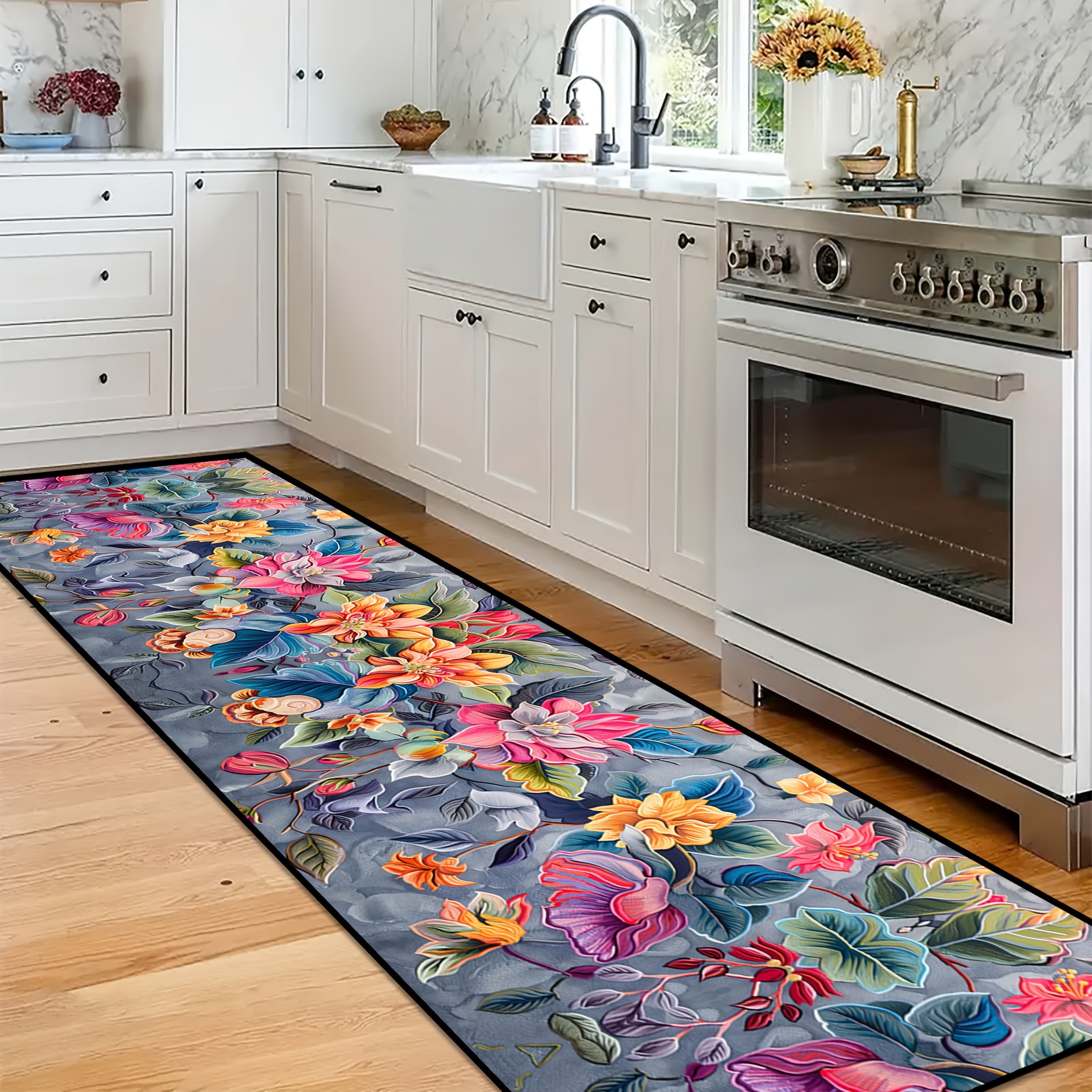 TEMU Sea Freight Golden Diamond Velvet 1pc, Colorful Floral Pattern Welcome Runner Rug, Gorgeous, Stylish, And Comfortable Banquet Hall Rectangular
