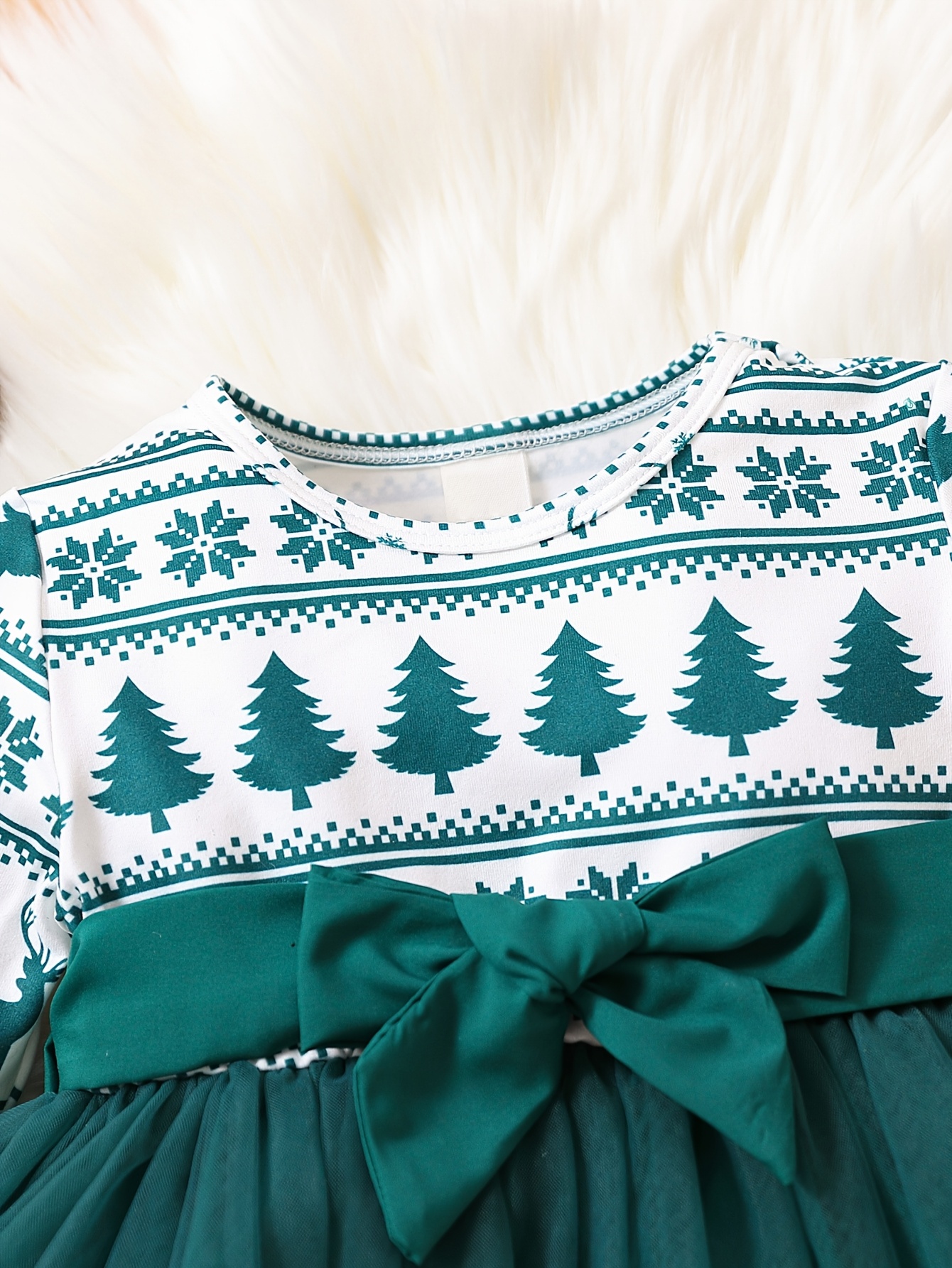 Robe Fille Noël Manches Longues - Imprimé Étoiles & Noeud - Tulle - Avec Bandeau - Taille Unique Enfant