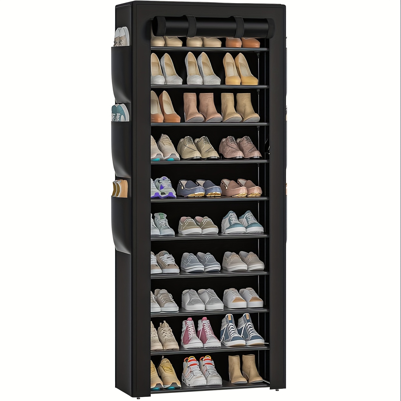 

10 Tier Shoe Rack With Covers, Large Capacity Stackable Tall Shoe Shelf Storage To 36-41 Pairs Shoes And Boots Sturdy Metal Free Standing Organizer For Closet Entryway Garage Bedroom