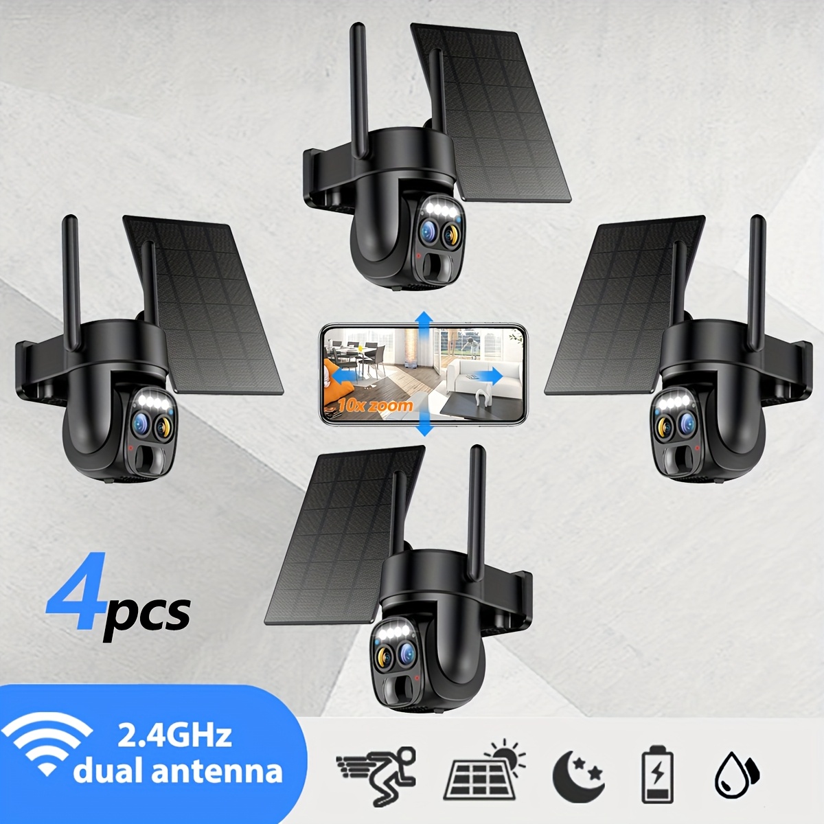 

[4pcs] 10x 360-degree Low- Panel Battery 2k Fhd2.4g Wifi With Spotlight Alarm, Motion Detection, Color Night Vision, Audio,.