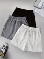 3pcs womens solid color casual shorts with elastic drawstring waist lightweight breathable running gym shorts for workouts yoga summer machine washable black grey white workout apparel smooth texture