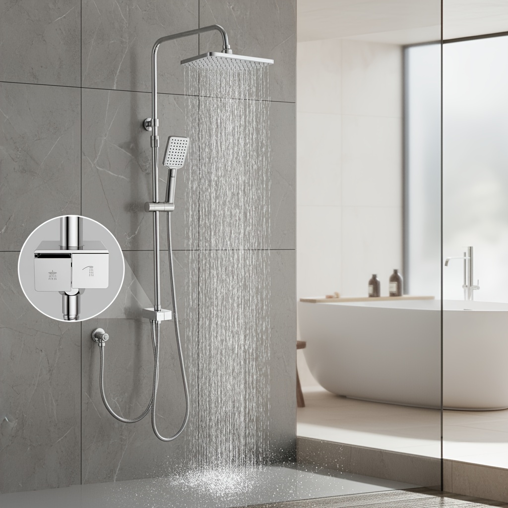 Image of A Shower System That Does Not A Faucet, Featuring A Shower Set With A Column, Shower Head Measuring 28*18cm, A Hand Shower Equipped With A Water Stop Button, And 3 Different Spray , All In Chrome End