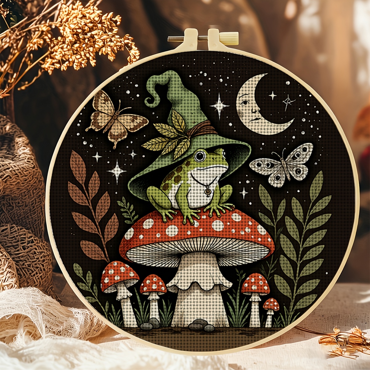TEMU 1 kit de point de croix rond à faire soi-même imprimé avec cercle à broder, motif "Grenouille au assise sur un rouge avec des papillons et ".