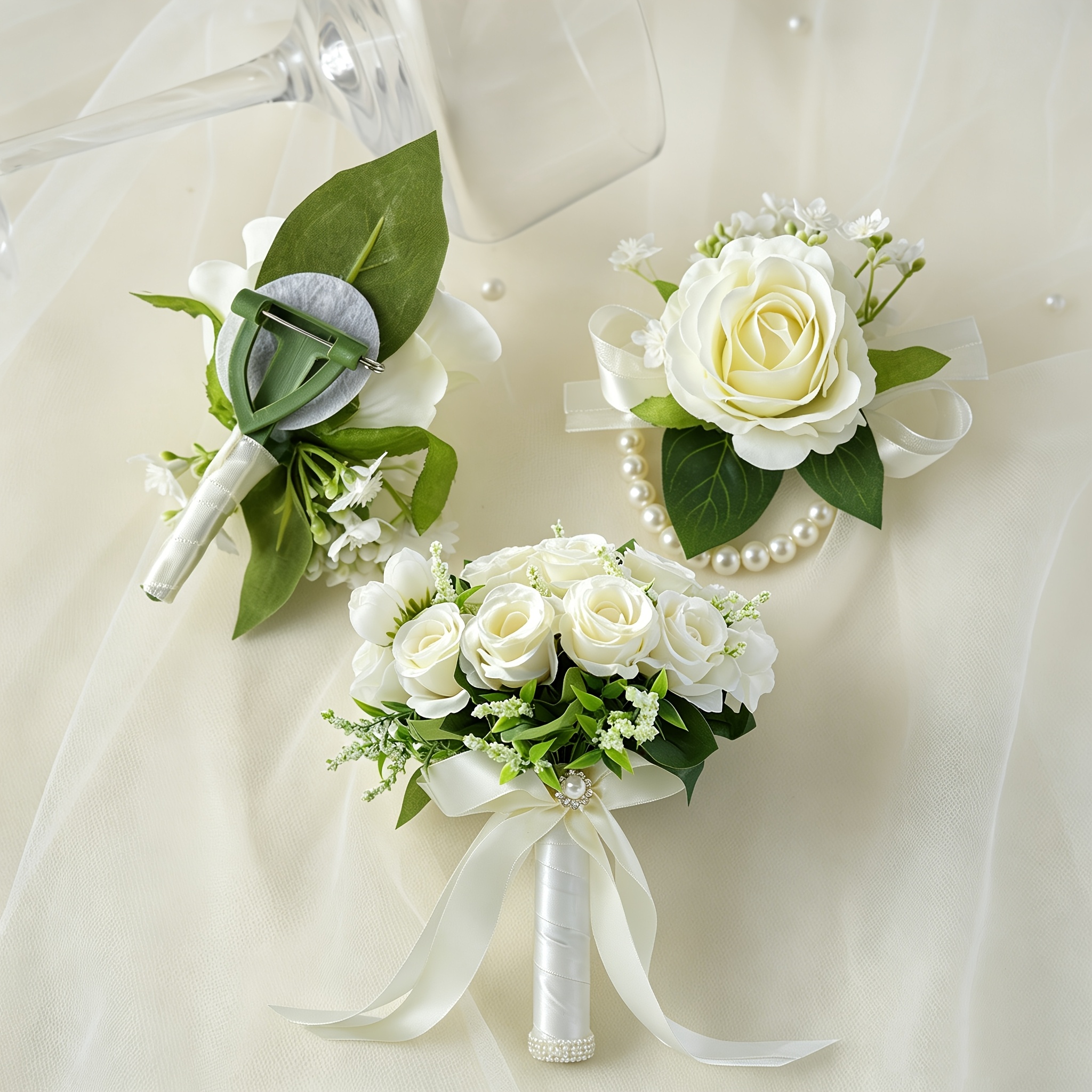 TEMU Set Of 3 White Rose Wedding Bouquets Suitable For Brides, Elegant Artificial Rose Boutonnieres For And Groomsmen, Wrist Flowers For Bridesmaids,