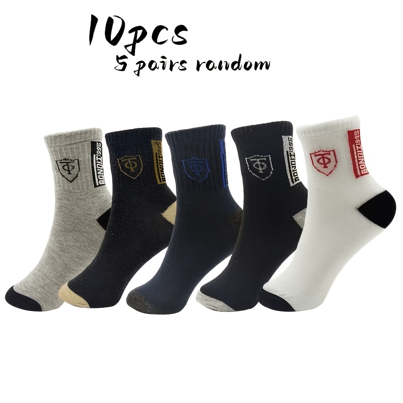 TEMU 5 Pairs Random Color Men's Comfortable Breathable Sports Socks, Fashion Letter Print High-elastic Outdoor Running Socks, Moisture-wicking,