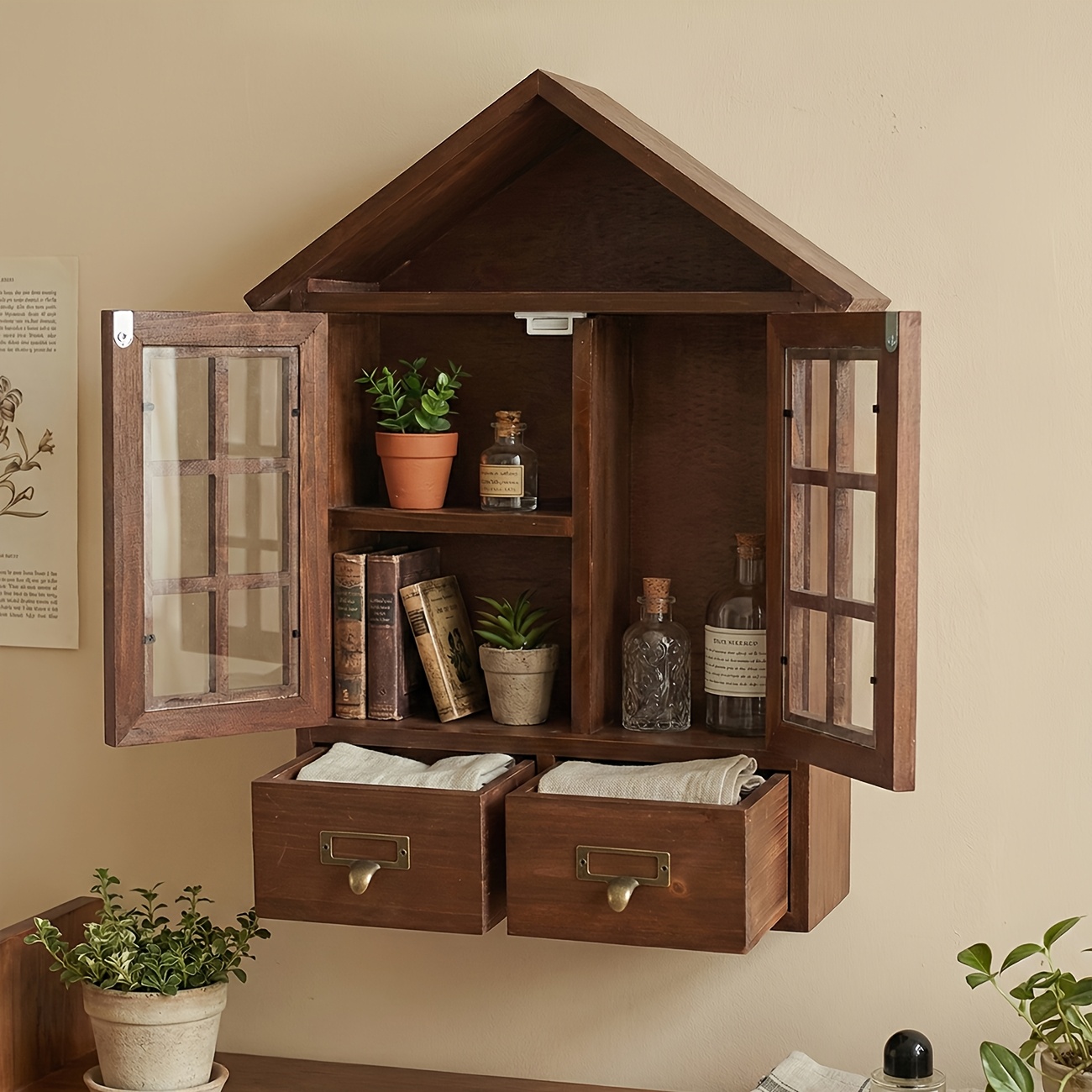 Solid Wood Wall-Mounted Storage Rack with Drawers