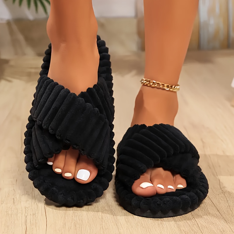 

Winter -strap Plush Slippers, Solid Color Open-toe Slippers, Flat Furry Shoes, Comfortable And Slippers