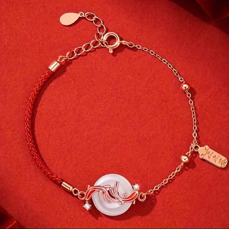 TEMU Elegant Koi Fish Charm Bracelet For Women - Red Cord With White & Pink Beads, Golden-tone Accents, Perfect Birthday Or Valentine's Gift, Koi Fish Jewelry