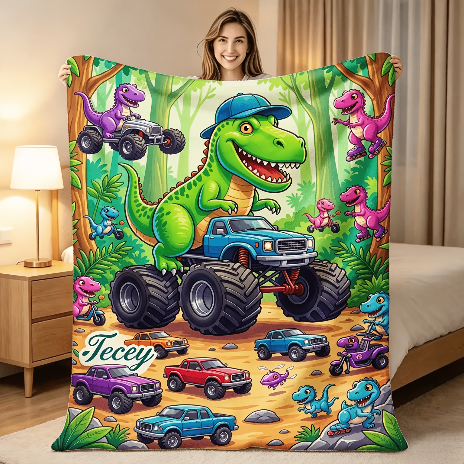 TEMU 1pc Dinosaur Monster Truck Print Flannel Blanket Soft Comfortable Warm Bed Cover Autumn Winter Season Living Room Bedroom Halloween Thanksgiving