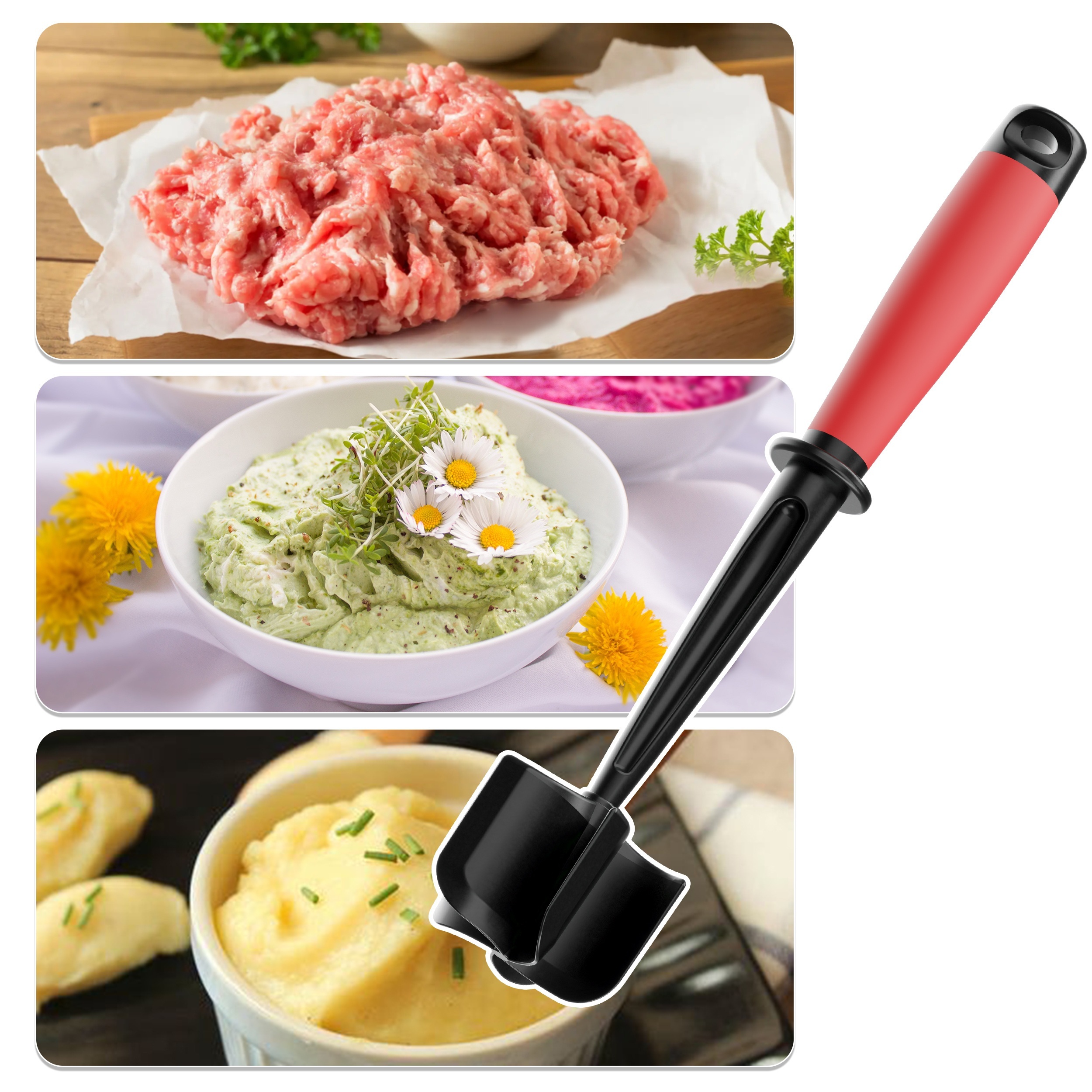 ABERZEY Heavy-Duty Meat Chopper & Masher with Non-Stick Surface - Manual Heavy Duty Ground Beef Smasher, 5 Curved Blades, Heat-Resistant, Non-Slip Grip - for Hamburgers, Meat Patties, Hash Browns - Easy Clean Kitchen Tool, Food Preparation, Ergonomic Handle, Sturdy Build, Home Cooks