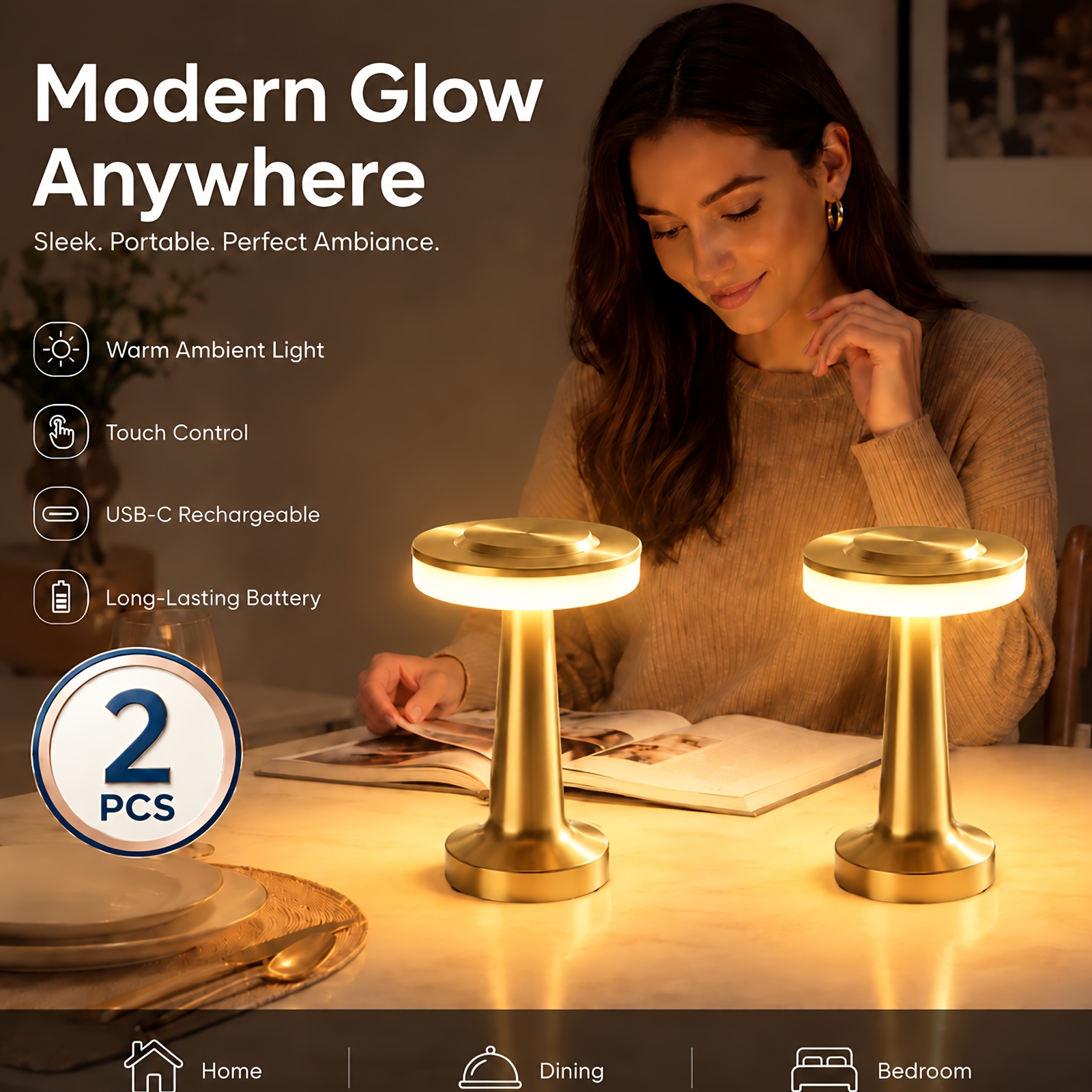 TEMU 2-pack Cordless Touch Table Lamp, Usb-c Rechargeable With Touch Dimming, 3-color Temperature Ambient Light, Perfect For Bedroom Bedside/dining