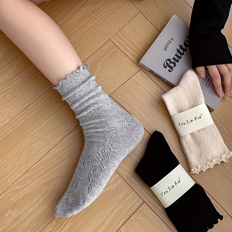 1/2/3 Pairs of Socks for Women, Japanese And Korean Style, Spring And Summer Solid Color Retro Hollow Breathable Mesh Socks for Women, Autumn Mid-Tube Pile Socks for Women, Lace Japanese Loose Socks Ins