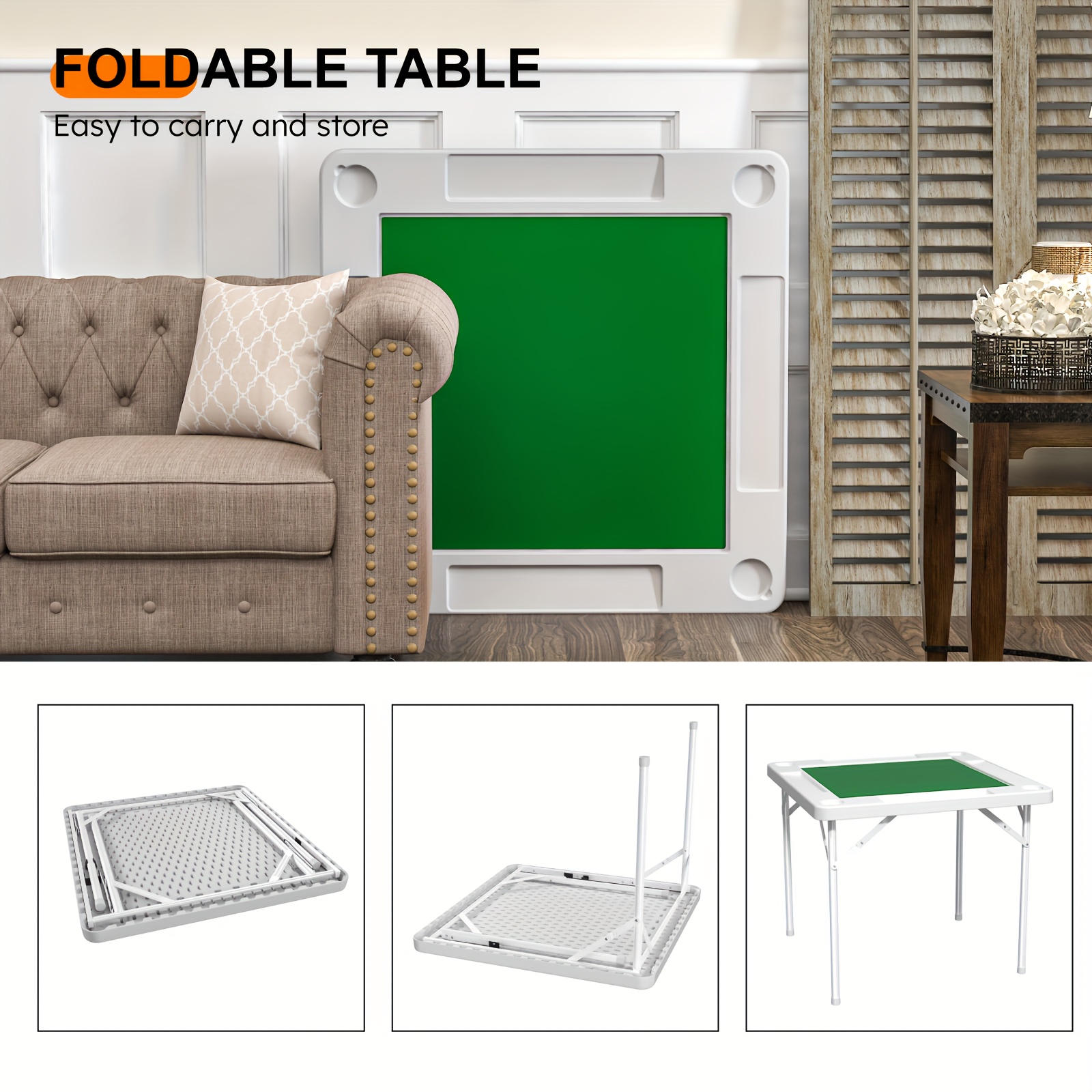 EVOKEDEN Foldable Felt Mahjong Table with Green Felt Top - White Plastic Card Table for Mahjong, Poker & Board Games, Portable Compact Design, No Assembly Required, Portable Game Table, Elegant Furniture, Durable Plastic