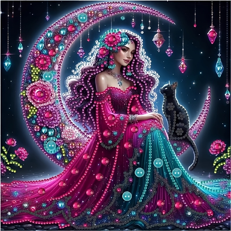 

5d Special Shape Diamond Painting Kit, Woman And Cat Design, Art, 11.8x11.8 Inch Canvas, Home Wall Decor, Adult Holiday Craft, Cartoon Theme, Irregular Shape, Canvas Material