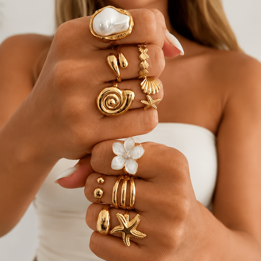 TEMU Lot de 10 bagues empilables style vacances bohémiennes en alliage avec fleurs et de mer émaillées, style Instagram doux, cool et , floraux