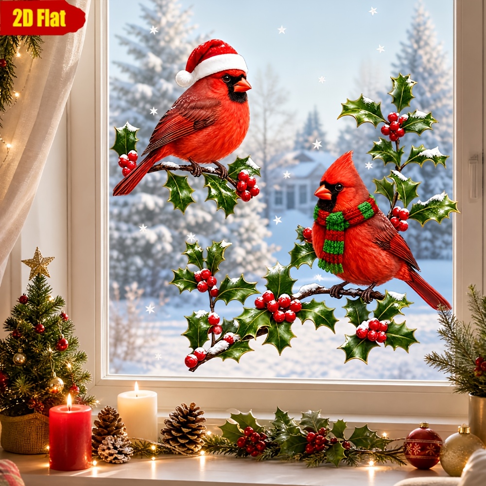 TEMU 1 pièce Autocollant pour fenêtre Cardinal de Noël et Houx, Décalcomanie de fenêtre de fêtes en PVC transparent adhésif, Autocollant décoratif