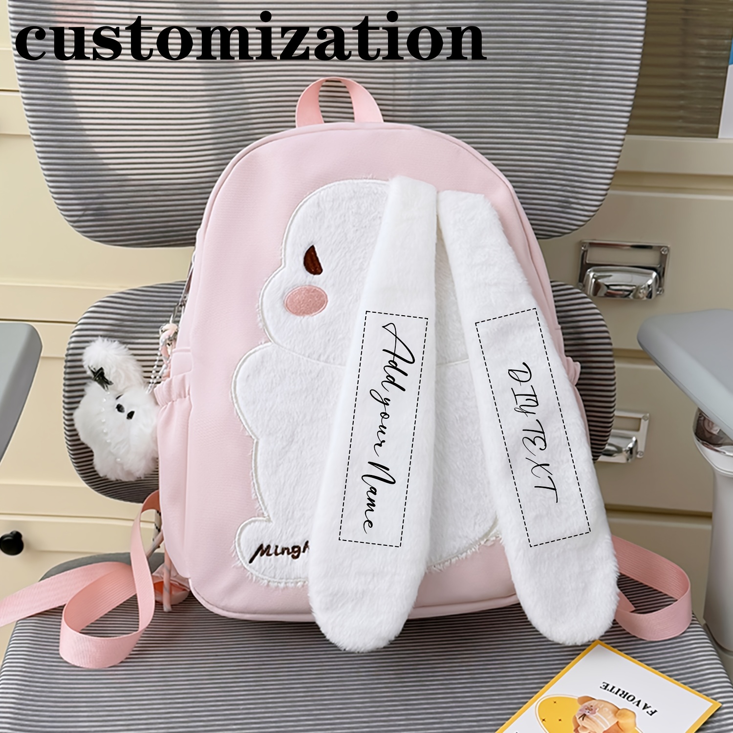 TEMU A Custom Women's Cute Rabbit Long Ears Lightweight Polka Dot Backpack With Hidden Pocket Schoolbag Versatile Multi-functional Multi-scene Travel