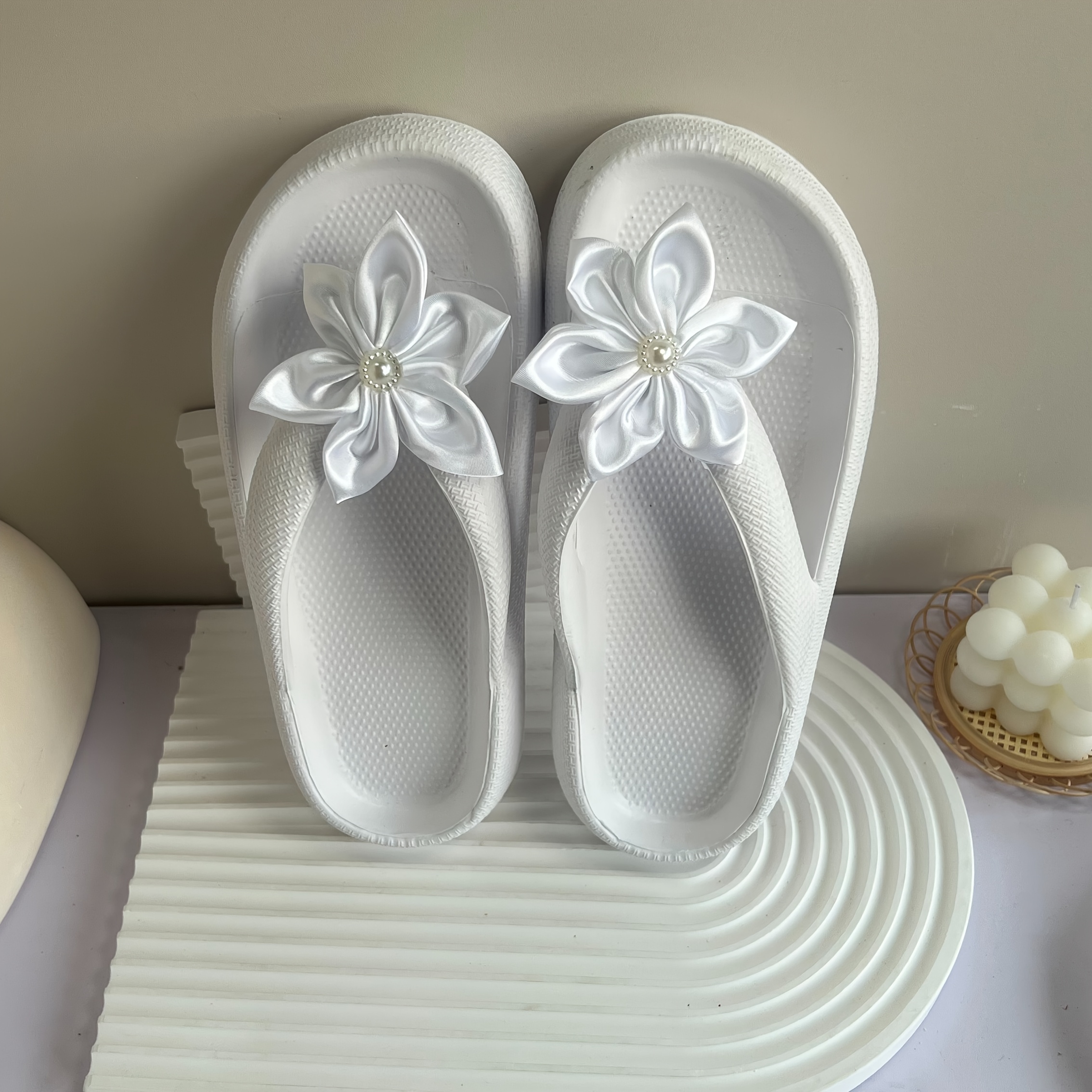 womens summer flip flops floral embellishments white Temu United