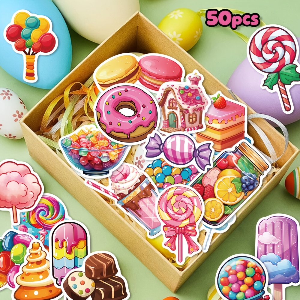 50pcs Sweet Colorful Candy Stickers Cartoon Fun Designs Perfect For Tablets, Parties, Scrapbooks, Guitars, Skateboards, Notebooks, Gifts, And Desktop Decor