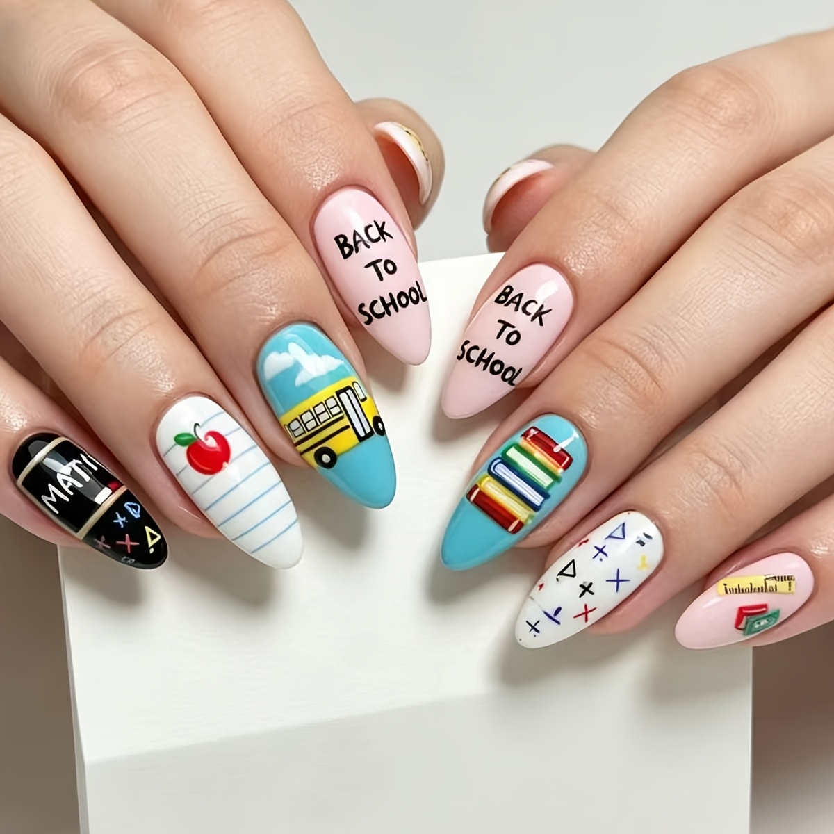 TEMU 24pcs School-themed Press-on Nails Suitable For Back-to-school, Almond Shape Medium-length Fake Nails With Pencil & Book Designs, Reusable