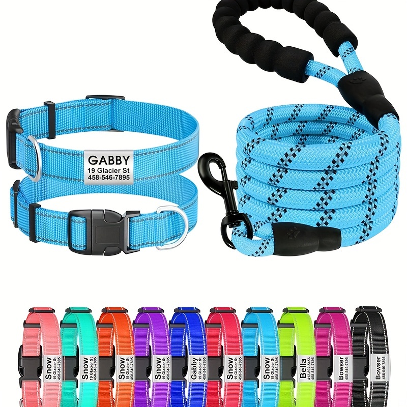 Personalized Reflective Dog Collar and Leash Set with Safety Locking Buckle