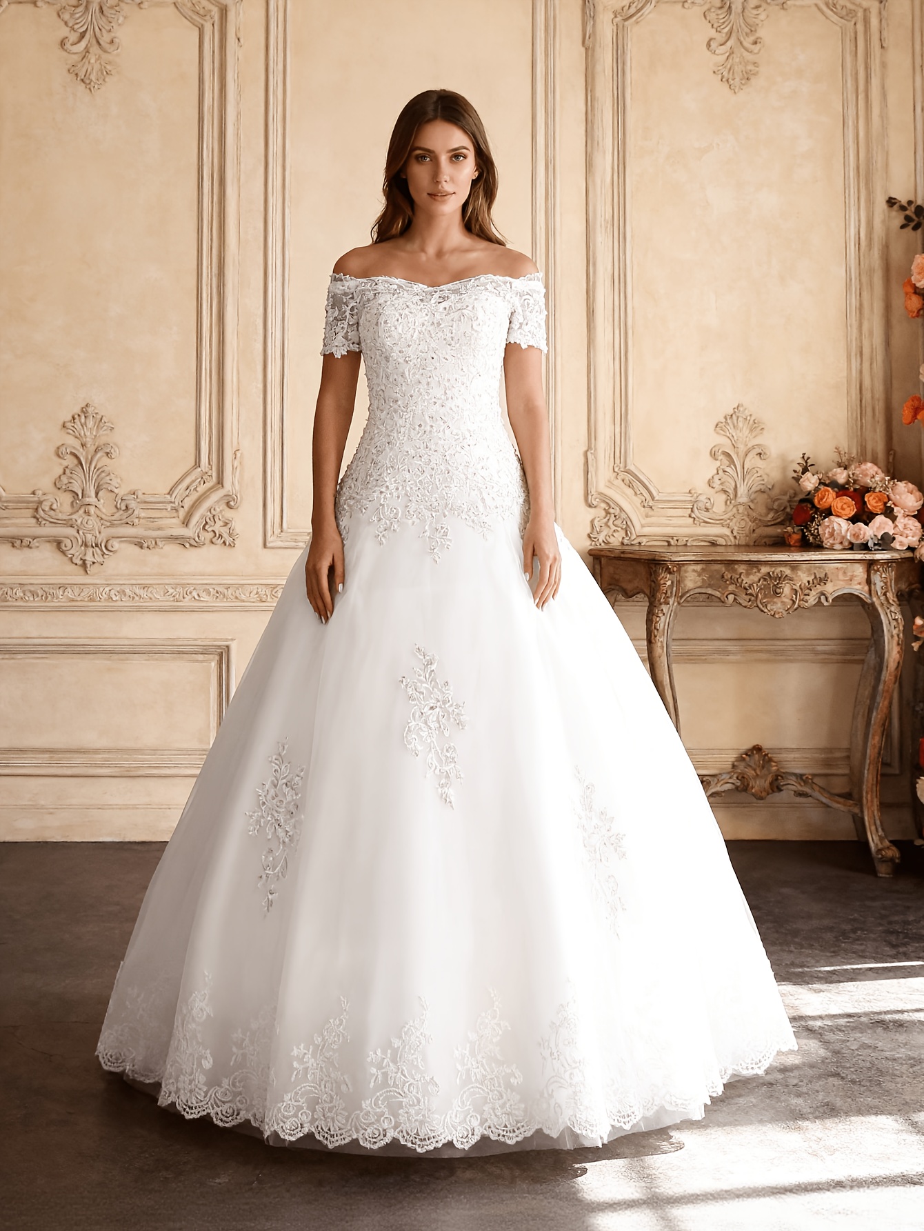 elegant off-the-shoulder short sleeve applique hand-beaded a-line  floor-length wedding dress | Free Shipping On Items Shipped From Temu |  Temu Mauritius