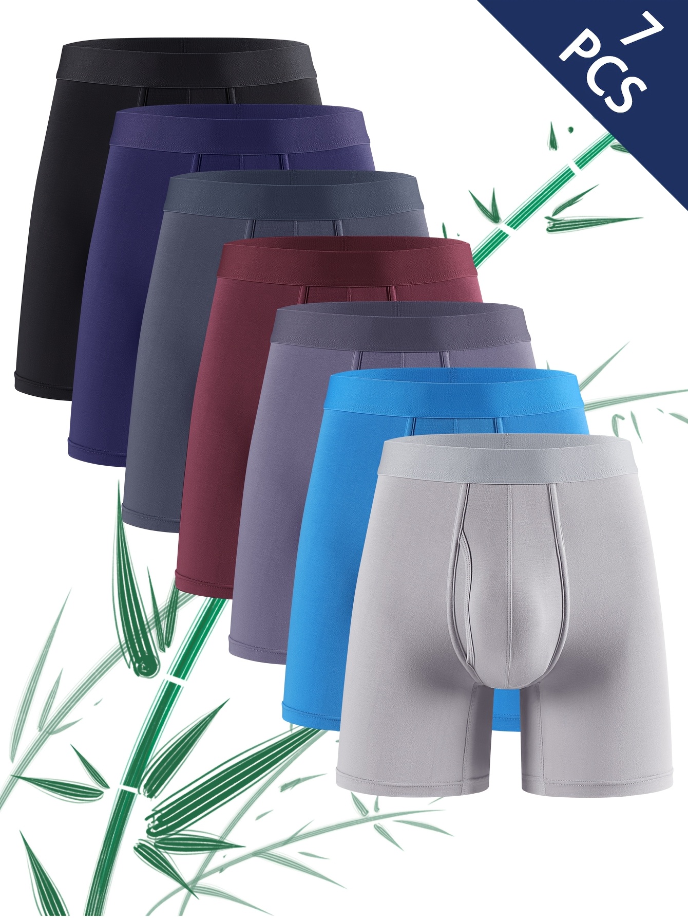 Men's 7pcs Long Bamboo Fiber Underwear, Breathable Moisture-Wicking, Soft and Comfortable, Black