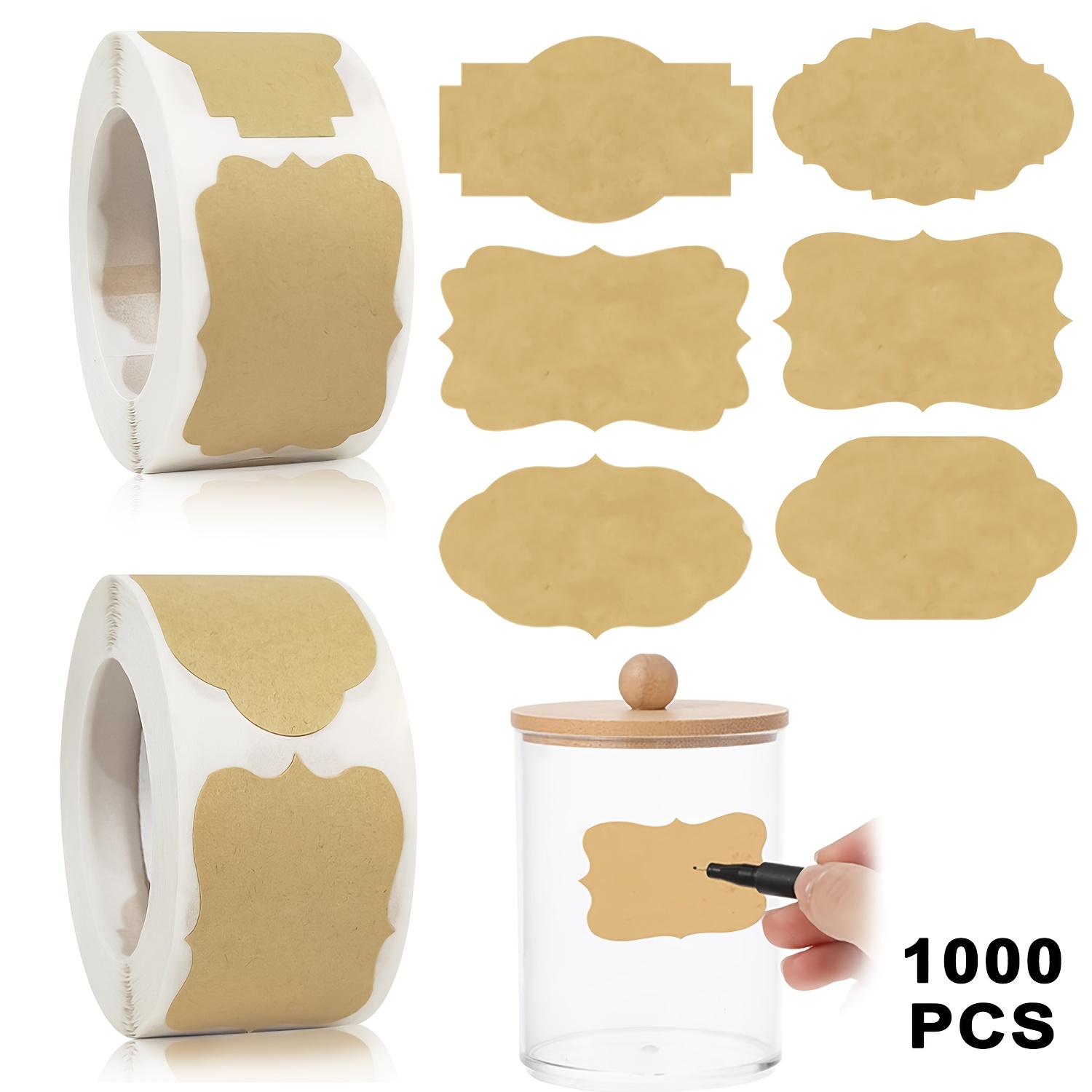 TEMU 1000pcs Blank Label Stickers, 3x5cm Self Adhesive Brown Paper Tags, Handwriteable Empty Decorative Labels For Jars, Bottles, Candle Tins, Pantry