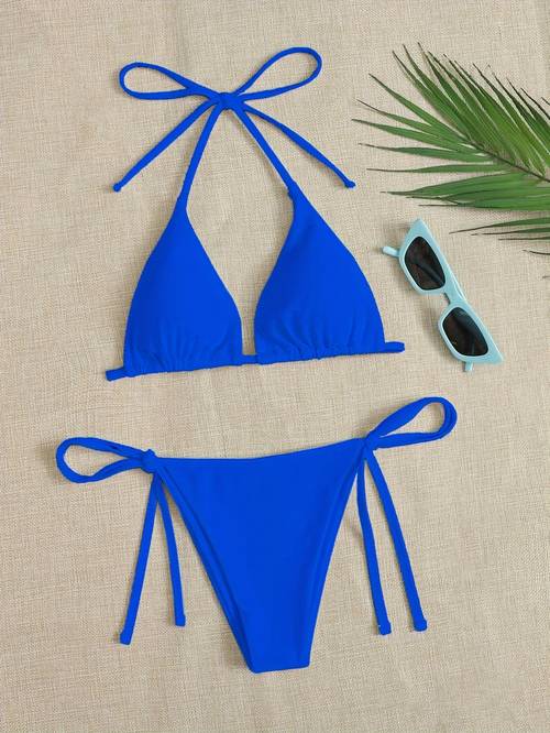 solid color piece set bikini halter v neck tie back backless high cut tie side swimsuits womens swimwear clothing