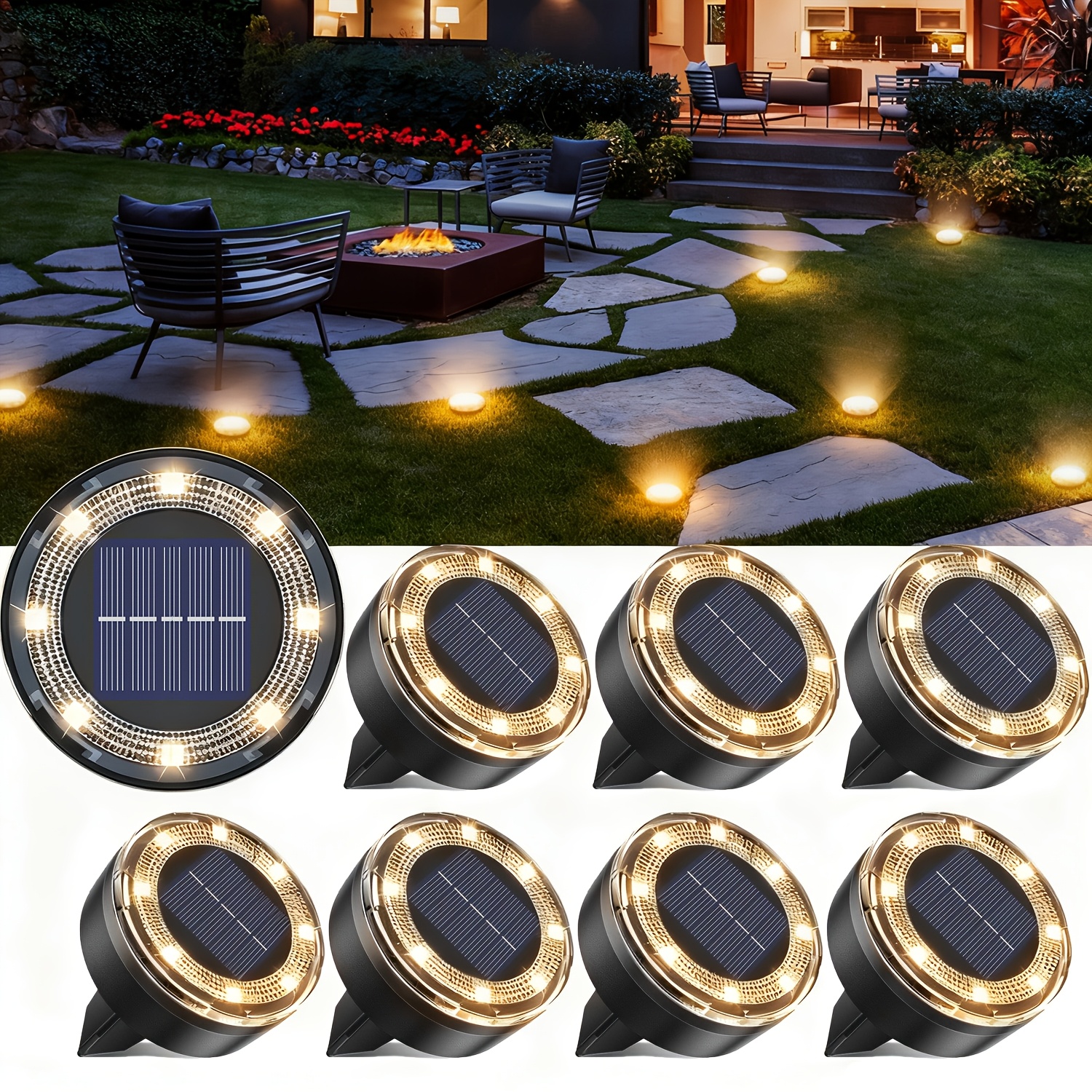 E-shop 16/8 Stück Solar-Bodenleuchten, 8LED Solarleuchten, Outdoor-Scheibenleuchten, Intelligente Lichtsensorsteuerung, Transparentes