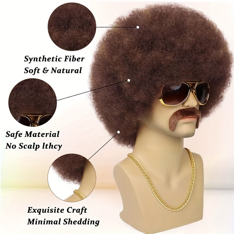 Tembol Peluca Afro Hombre, 70S 80S Rock Disco Peluca Afro Para Hombre, Disfraz Peluca De Pelo Natural Fluffy, Peluca Sintética Rizada Negra Hippie Fiesta Diario Peluca Para Halloween Chrismas Cospl