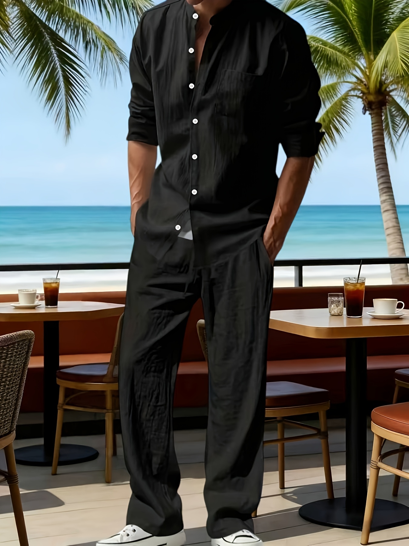 Artikelbild herren - leinen outfit mit stehkragen,   locker sitzendes langarmshirt und   langes hosen-set für den sommer,   für lässige strandurlaube, neuer stil für 2026