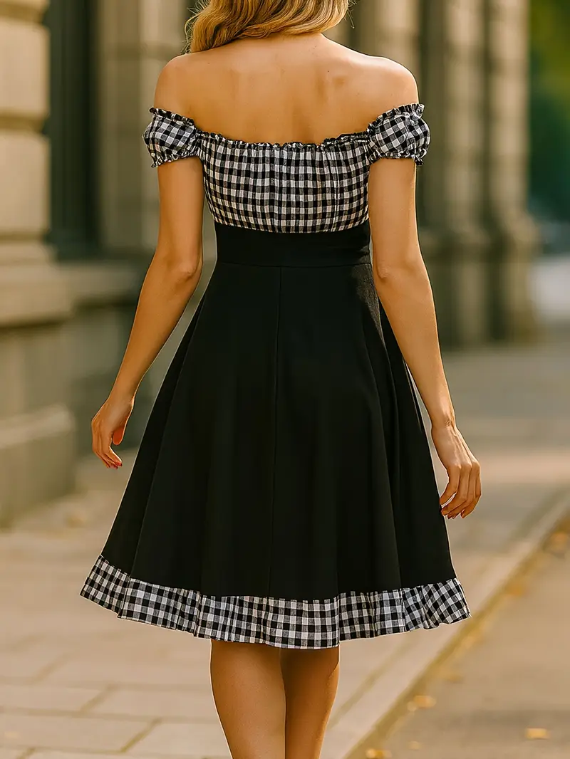 black and white checkered off the shoulder dress Lily Off Shoulder Black/White Gingham Swing Dress