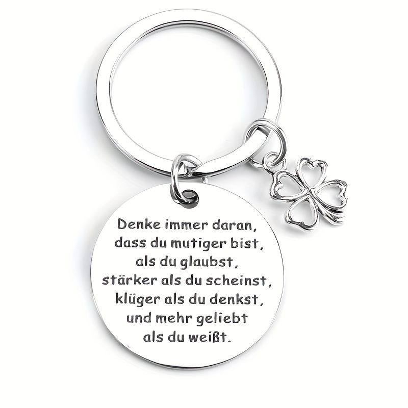 1pc Keychain With Round German Inspirational Quote, Classic Clover Stainless Steel Elegant Ring Pendant, Graduation Season Gift