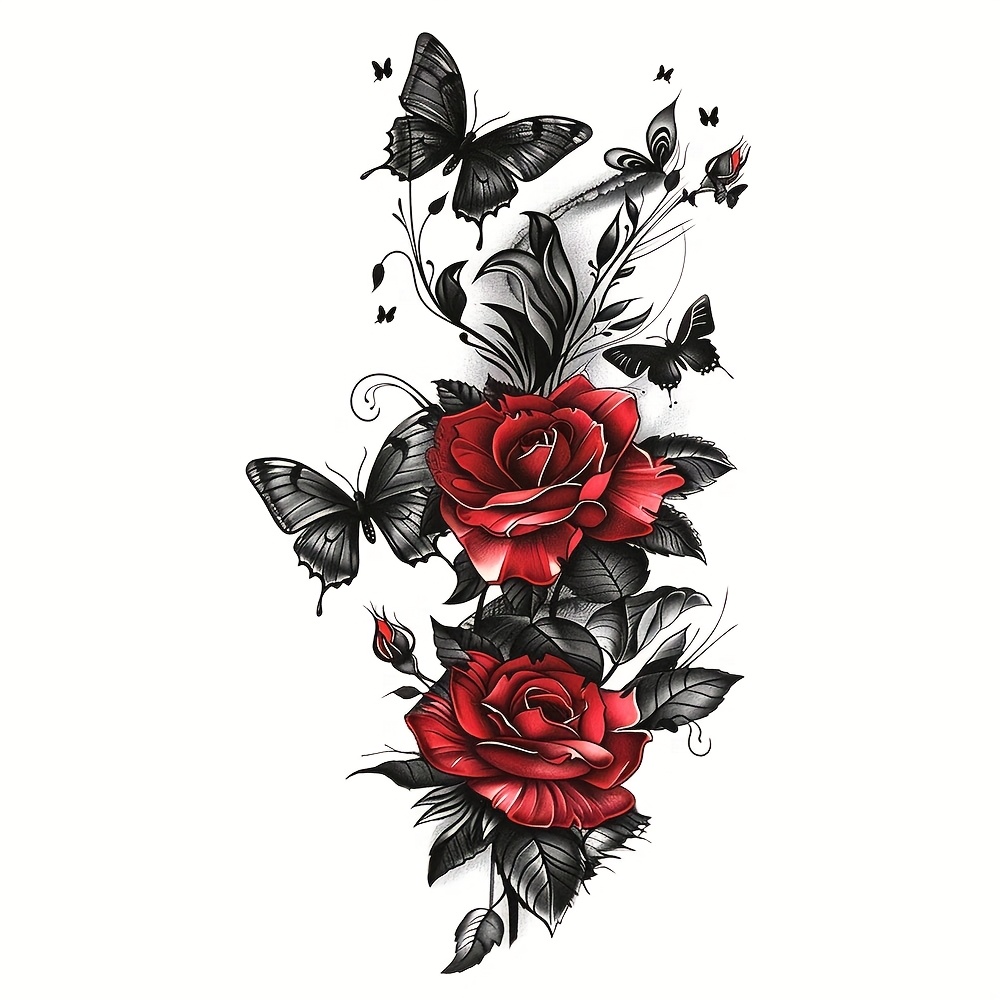 Waterproof Temporary Tattoo Sticker Dark Style Red Rose Flowers Leaves Body Art Arm Fake Tattoos Sleeve For Women Men Waist Abdomen Shoulders Legs