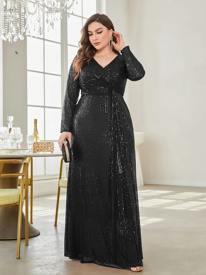 long evening dress size 10 pretty SYREN|Plus Size Sequin V-Neck Long Sleeve High Slit Bodycon Evening Dress