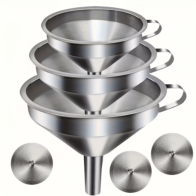 TEMU 3pcs Stainless Steel Funnel Filters, New Food-grade Kitchen Funnels With Detachable Cleaning Brush, Suitable For Transferring Liquid Oil, Jam,