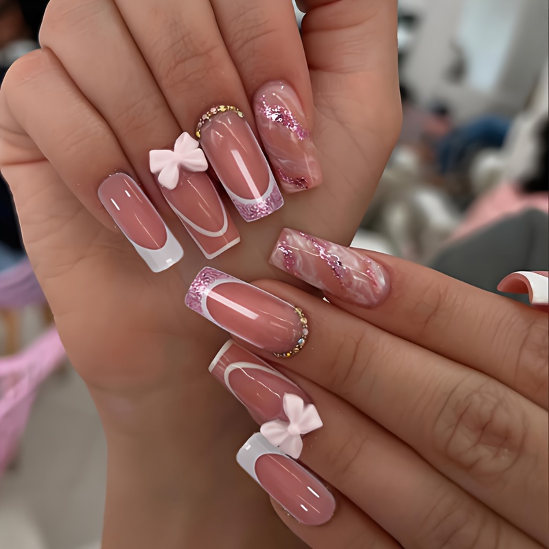 TEMU 24pcs Medium Coffin Shape Press On Nails White Nail Tips Fake Nails Pink Glitter 3d Bow Gradient Design Full Cover Glossy Acrylic Nails Suitable