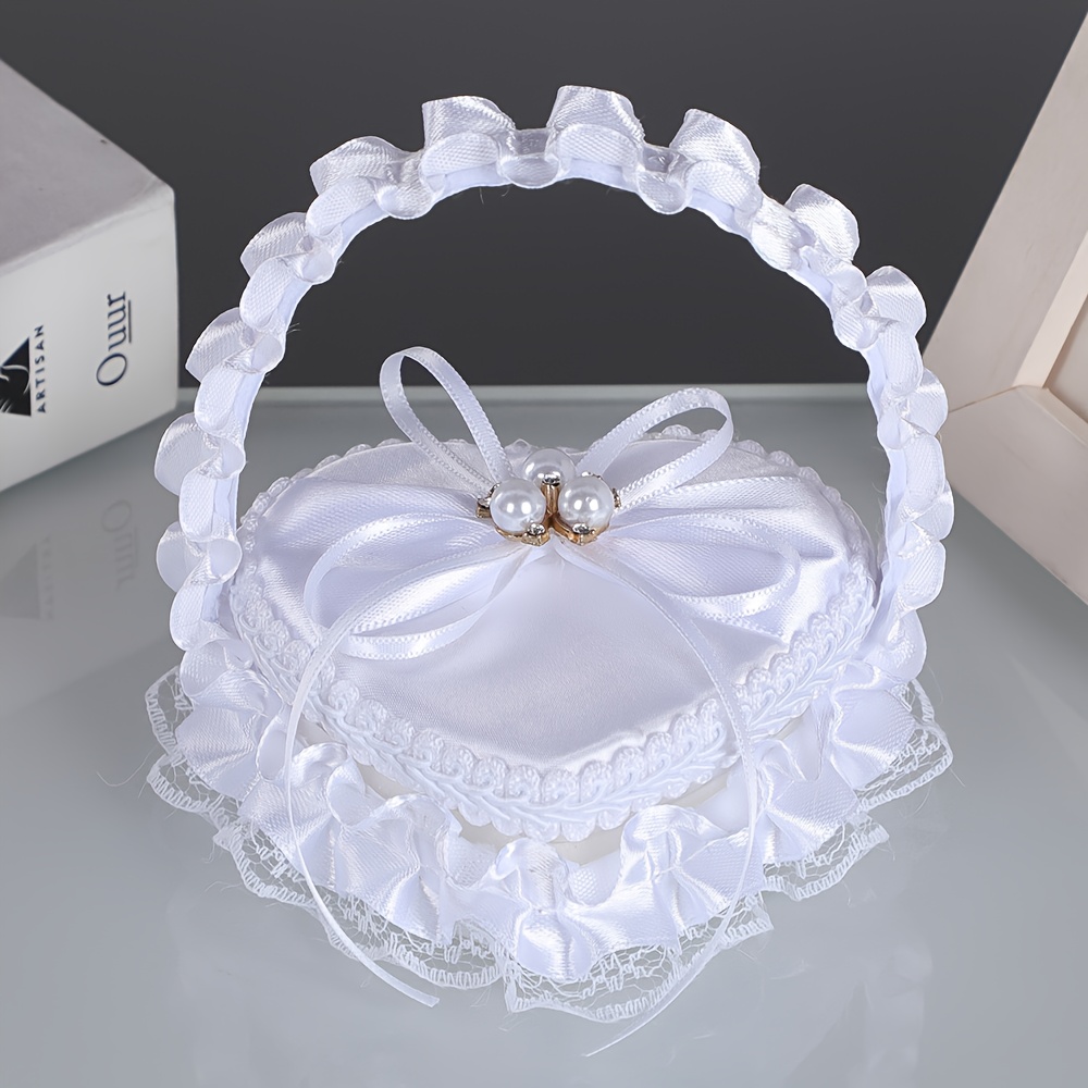 E-shop Ringbox Handheld Mini Ring Kissen Weißes Spitzenbesatz Hochzeit Griff-Ausgestattete Ring Requisite Herzförmige Rosenbox