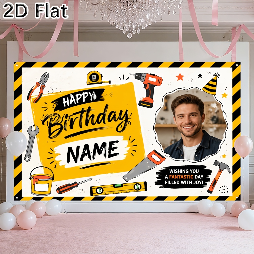TEMU 2d Flat, 1pc [2d Flat] Banner Birthday Party Background Banner, Customizable Name And Portrait, Tool Themed Printed Backdrop For Happy Birthday