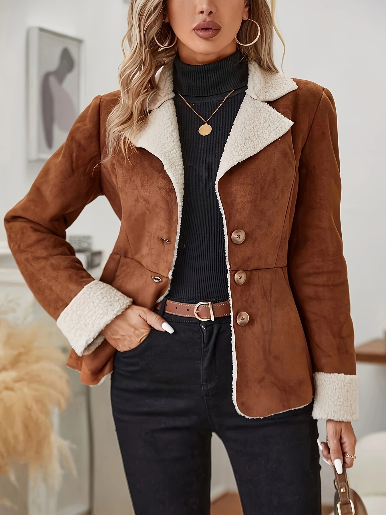 women's suede coat polyester casual jacket sheepskin Temu Bahrain