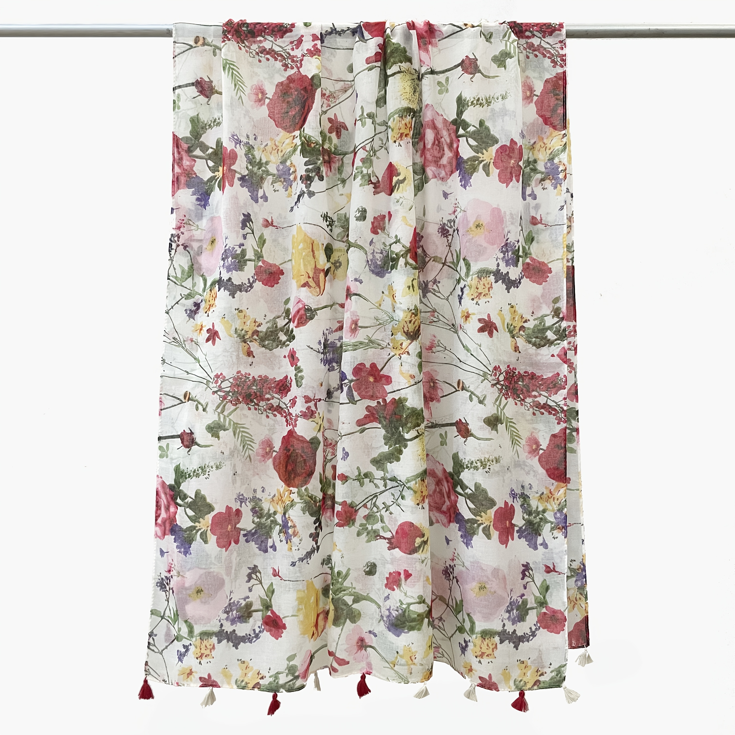 TEMU Summer Lightweight And Fresh Botanical Print Fringe Women's Shawl, Scarf, Long Scarf, Neck Warmer, Air-conditioning Shawl, With Forest-inspired