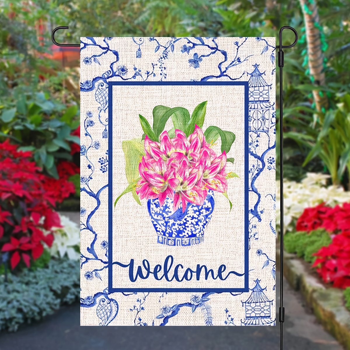 

1pc Linen Chinoiserie Garden Flag - 12x18 And Decor With & , Welcome Sign For Easter, Summer & Holiday Outdoor Decoration, No Flagpole Included