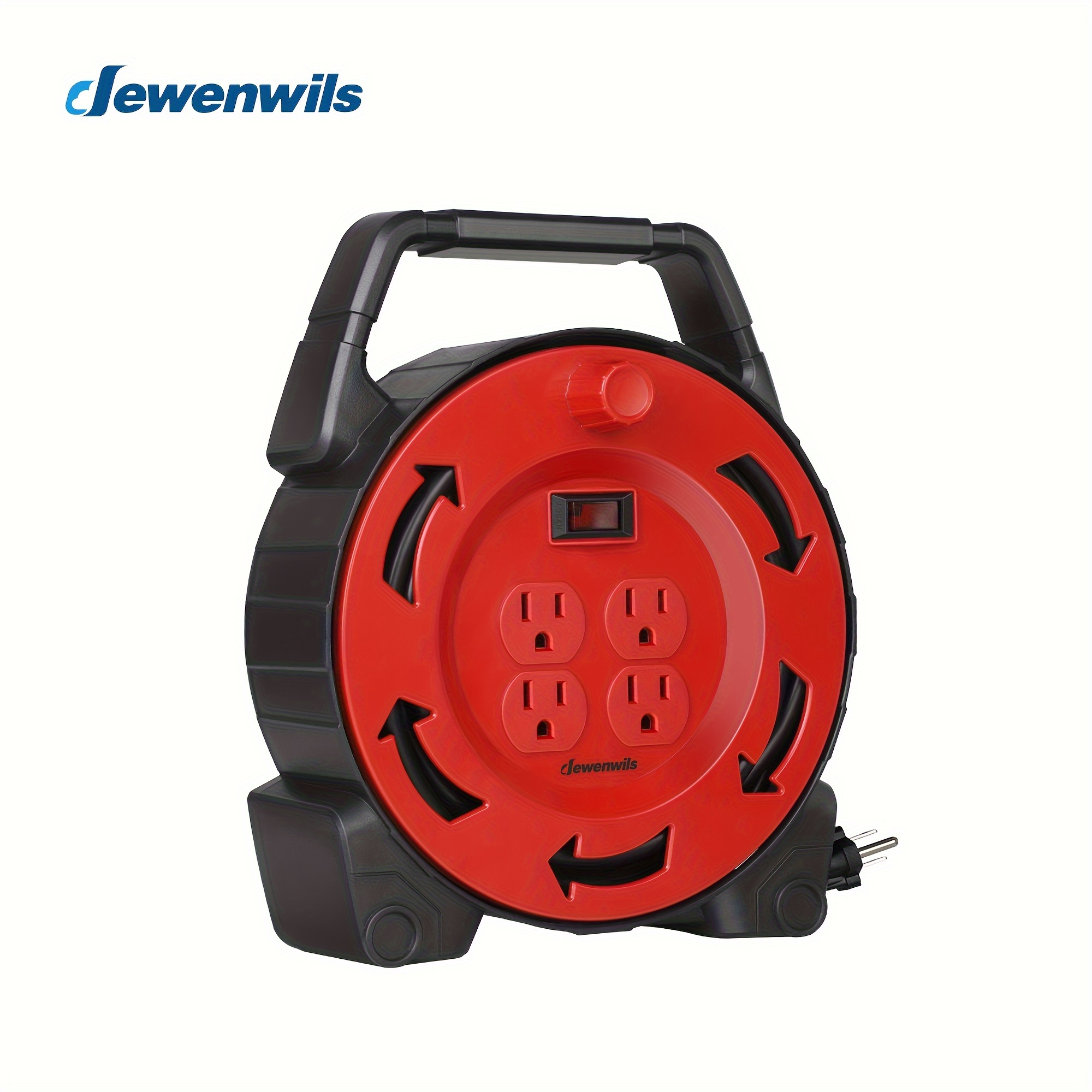 

Dewenwils Extension Cord Reel With 30 Ft Power Cord, 16/3 Awg Sjtw, 4 Grounded Outlets, Circuit Breaker, Red Black, Ul Listed