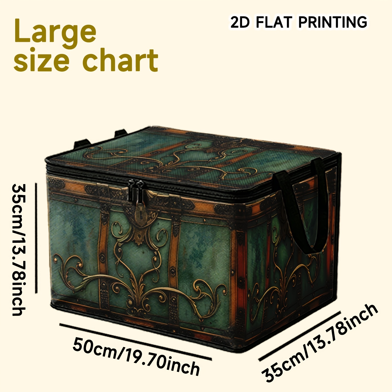 TEMU 2d Flat Printing. 1pc Vintage Gilded Pattern Print Storage Box With Lid, Made Of Non-woven Fabric, Featuring A Zipper And Carry Handle. Foldable