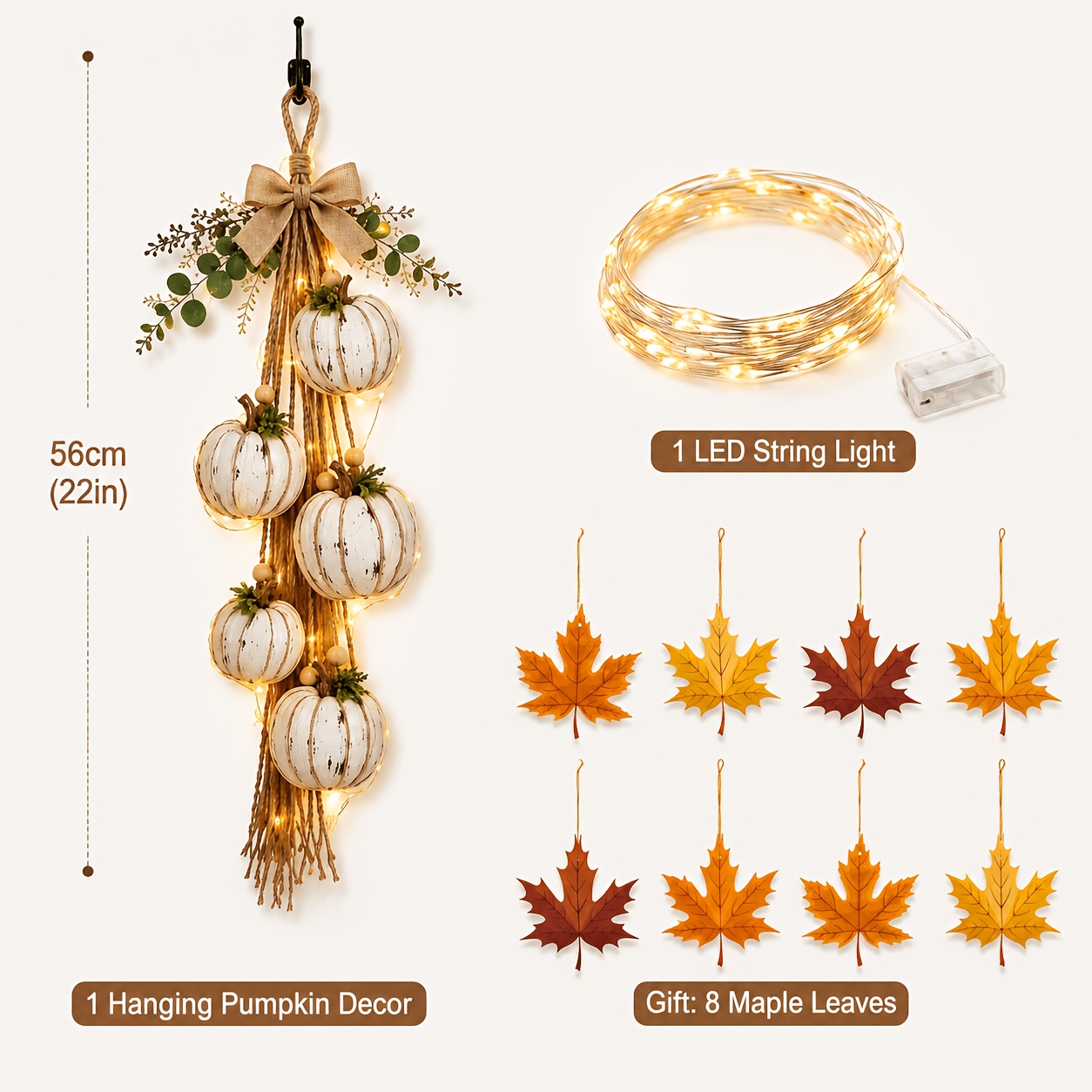 TEMU 2pcs Set, Including 1 Halloween Decoration+1 Led Warm Light String, Comes With 8pcs Maple Leaf Pendant, And A -out Wooden Pumpkin With A