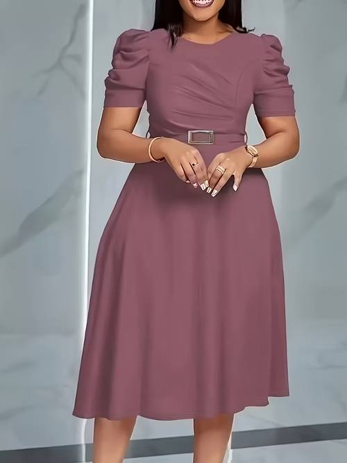 womens elegant v neck pleated midi dress solid color short sleeves belted waist flowy hem spring and summer adult fashion casual elegant wear